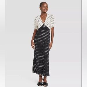 A New Day Black and White Short Sleeve Polka Dot Empire Waist Maxi Dress M NWT
